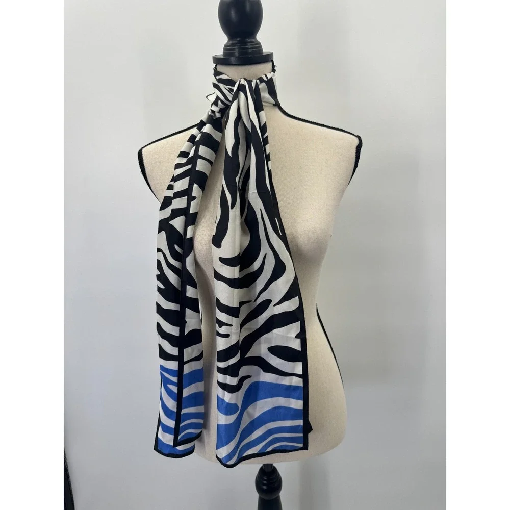Anne Klein Zebra Striped Silk Scarf Shawl Wrap Colorblock Black White Blue 13x62